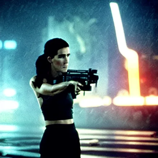 Image similar to jennifer connelly starring in a cyberpunk movie in a distopic futuristic city in the style of bladerunner, wearing a cropped black tank top, black boy shorts and black boots, firing a gun, muzzle flash, movie still, highly detailed, rainy night, volumetric lights, dramatic, scifi, sharp focus