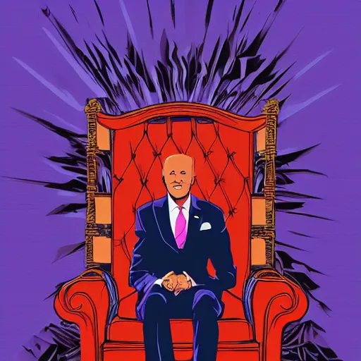 Image similar to joe biden sitting on a dark throne with red glowing eyes in vaporwave style by mad dog jones