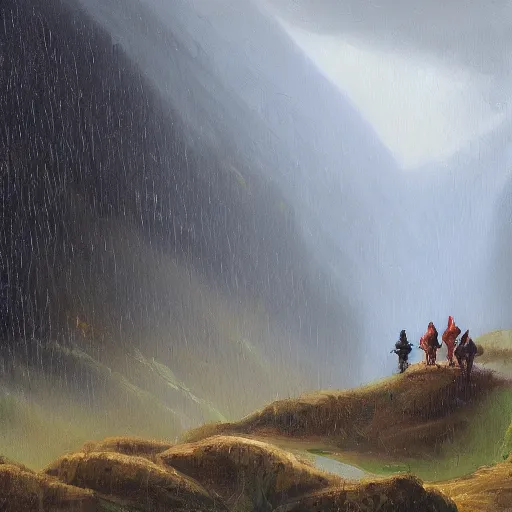 Prompt: Troll Hunters Crossing a Forested Mountain Pass in the Rain, oil painting, moody