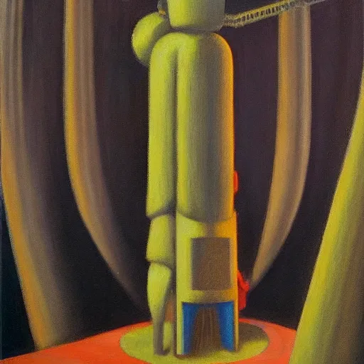 Image similar to view from bottom of a shaft looking up, robot overlords peering down, pj crook, edward hopper, oil on canvas