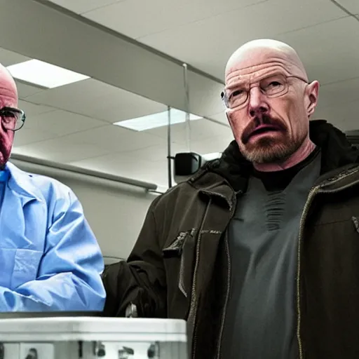 Prompt: a still from breaking bad of elon musk and walter white in a laboratory, 8k