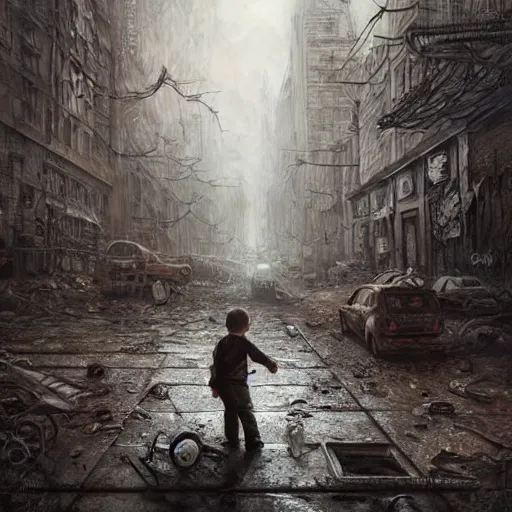 Image similar to a boy in apocalyptic zombie city, lovecraftian horror!, surrealism, fantasy, intricate, elegant, highly detailed, digital painting, realistic shading, cinematic composition, hdr, photorealistic, 3 5 mm film, concept art, artstation, matte, sharp focus, illustration, art by greg rutkowski and kadinski