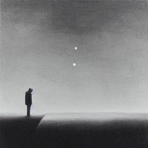 Prompt: “ close up of two men looking up the sky. the sky is totally black. art by zdzisław beksinski ” — w 1 9 2 0 — steps 4 8