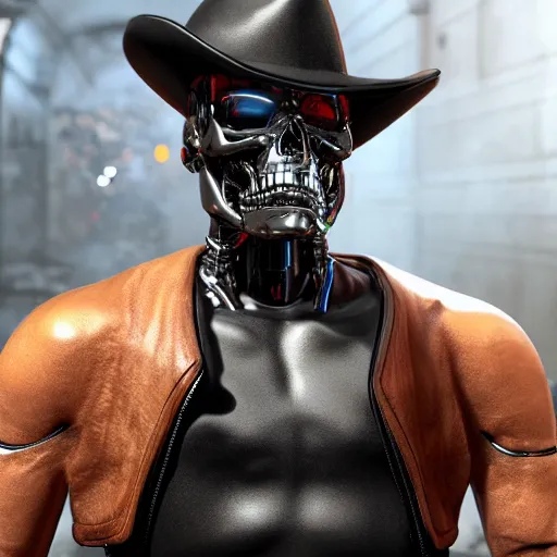 Prompt: a terminator t - 8 0 0 wearing a sombrero, hyper realistic, detailed, digital art, unreal engine 6