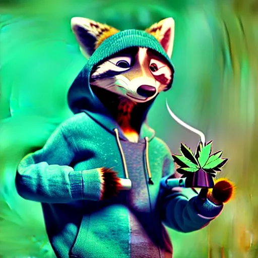 Image similar to a very relaxed stoner with a black hoodie on with a furry raccoon head from zootopia, wearing teal beanie, holding a small vape, blowing out smoke, 3 d render, 8 k, 4 k, extremely detailed fur, wearing a cool marijuana leaf t - shirt