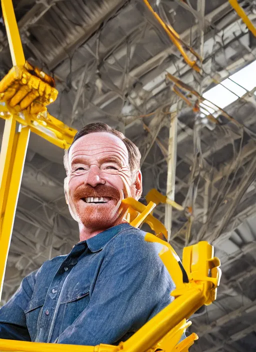 Image similar to closeup portrait of cheerful bryan cranston with crane arms, construction, yellow hardhat, sitting in a crane, natural light, bloom, detailed face, magazine, press, photo, steve mccurry, david lazar, canon, nikon, focus