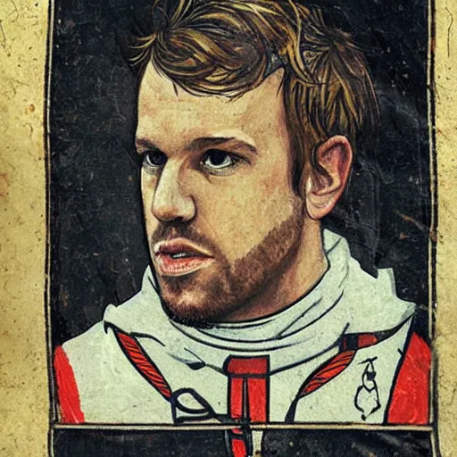 Prompt: Medieval portrait of Sebastian Vettel Formula 1 driver