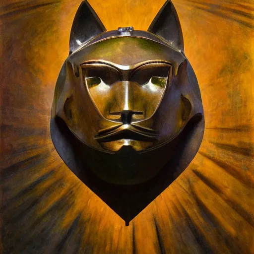 Image similar to masterpiece sculpture of a mechanical robot cat head mask, by annie swynnerton and diego rivera and nicholas roerich and jean delville, symbolist, dramatic lighting, god rays, elaborate geometric ornament, art brut, soft colors, smooth, sharp focus, extremely detailed, adolf wolfli and ( donato giancola )