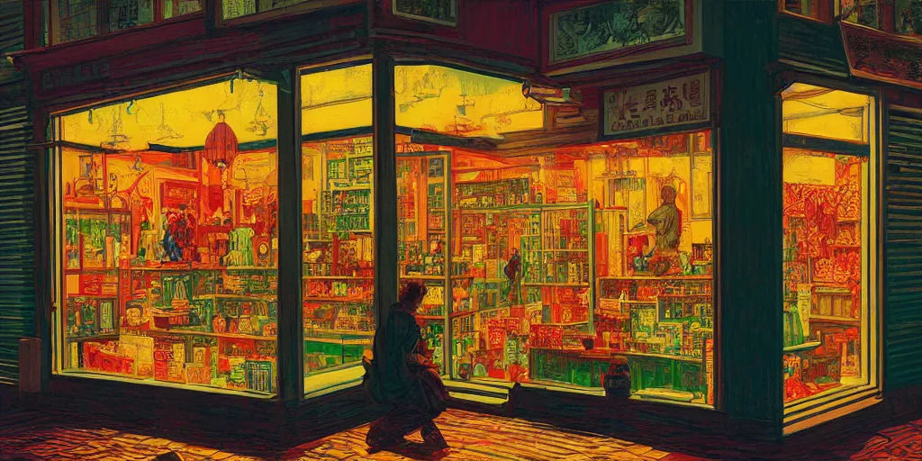 Image similar to s shop window in hong kong, by dan mumford and peter doig and edward hopper, highly detailed, dramatic lighting, 8 k