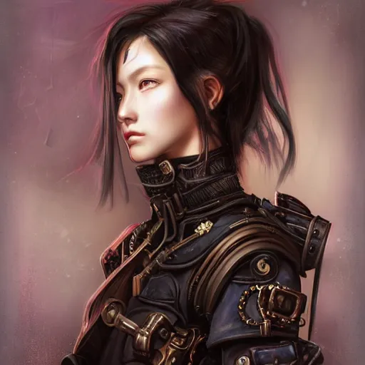 Image similar to portrait of a girl by ayami kojima, mixture between russian and japanese, she is about 2 0 years old, black bob hair, very tall and slender, she is wearing a steampunk tactical gear, highly detailed portrait, digital painting, artstation, concept art, smooth, sharp foccus ilustration, artstation hq