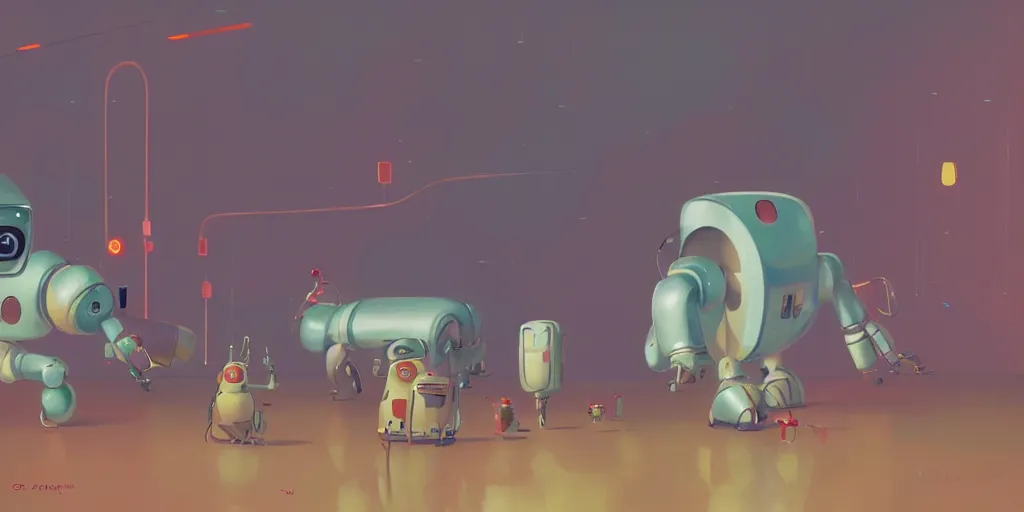 Image similar to cute robots in a bowling alley by Goro Fujita and Simon Stalenhag , 8k, trending on artstation, hyper detailed, cinematic