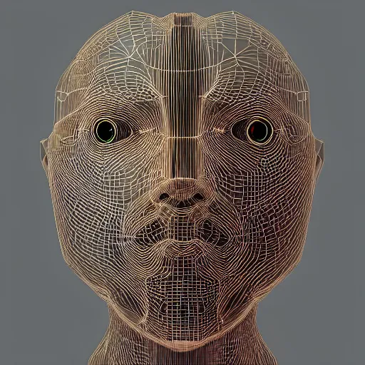 Prompt: three dimensional face of a robot inspired by data - driven art, generative, particle waves, spirals