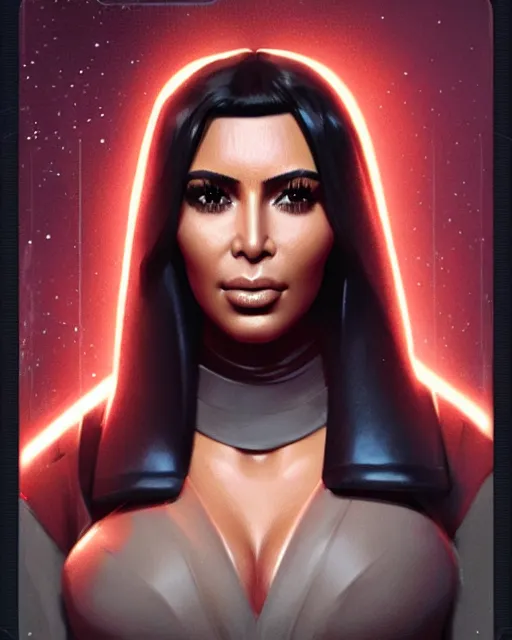 Image similar to kim kardashian : : young woman : : as hot star wars android woman by marvel trading card : : by greg rutkowski, wlop, instagram, unreal engine, : :