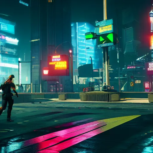 Prompt: Cyberpunk 2077 city crosswalk with traffic light, concept art, unreal engine, 4k render, global illumination, blender, cycles