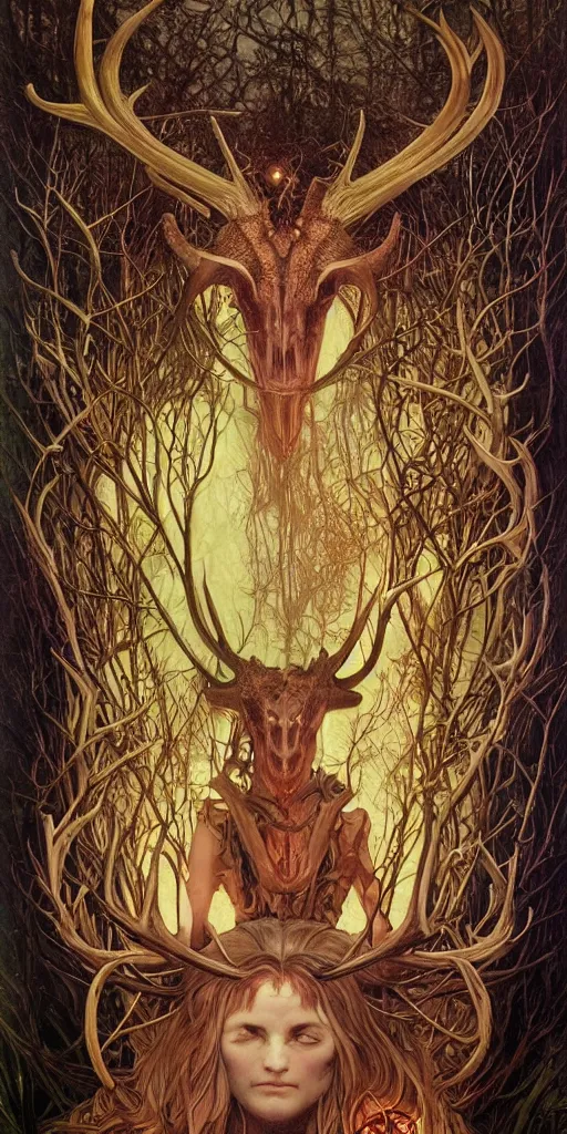 Image similar to intense glowing black metal pagan god with antlers and intense glowing eyes with a goat skull in very dark forest by karol bak and josan gonzales and moebius and alphonse mucha, portrait, studio muti, malika favre, rhads, makoto