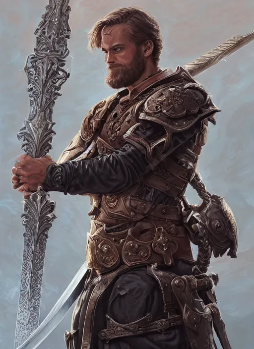 Image similar to PewDiePie as a mean looking hero holding an enormous large dual wielding sword, intricate, elegant, highly detailed, centered, digital painting, artstation, concept art, smooth, sharp focus, illustration, artgerm, donato giancola, Joseph Christian Leyendecker, WLOP, Boris Vallejo, Artgerm