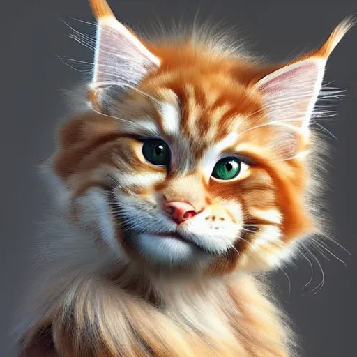 Image similar to orange maine coon, norwegian forest cat, cuddly fur, pixar cute, highly detailed, sharp focus, digital painting, artwork by Victor Adame Minguez + Yuumei + Tom Lovell + Sandro Botticelli