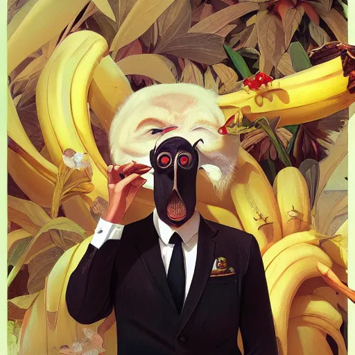 Image similar to an anthropomorphised banana in a business suit, artists portrait, fantasy, highly detailed, digital painting, concept art, sharp focus, depth of field blur, illustration, art by artgerm and greg rutkowski and alphonse mucha