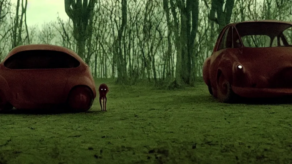 Image similar to the strange creature waits by the car, made of Chlorophyll and blood, film still from the movie directed by Denis Villeneuve with art direction by Salvador Dalí, wide lens