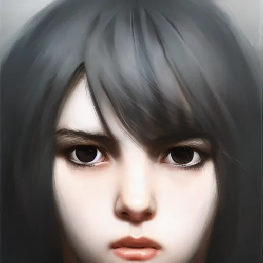 Image similar to a cute girl by ruan jia, closeup headshot, black horsetail hair, black eyes