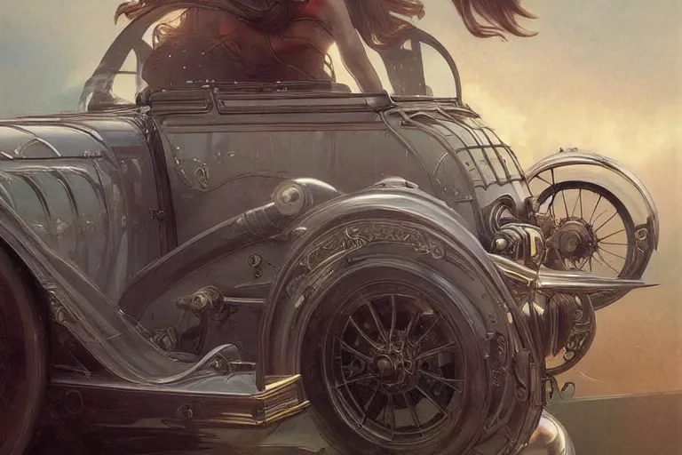 Image similar to 1930 car, fantasy, elegant, intricate, highly detailed, digital painting, artstation, concept art, sharp focus, illustration, art by artgerm and greg rutkowski and alphonse mucha