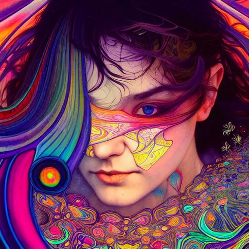 Image similar to A girl having an extremely colorful psychedelic experience, warping time and space, magic mushrooms, psilocybin, LSD, face, detailed, intricate, elegant, highly detailed, digital painting, artstation, concept art, smooth, sharp focus, illustration, art by Krenz Cushart and Artem Demura and alphonse mucha