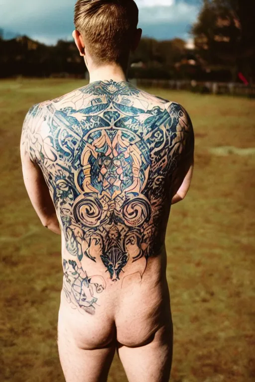 Prompt: agfa vista 4 0 0 photograph of a guy with elaborate intricate back tattoos, back view, synth vibe, vaporwave colors, lens flare, moody lighting, moody vibe, telephoto, 9 0 s vibe, blurry background, grain, tranquil, calm, faded!,