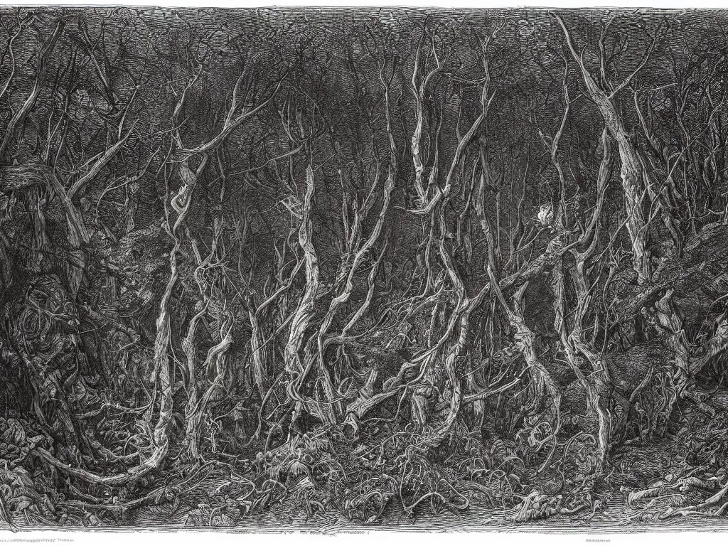 Image similar to an engraving of the interior of a tangled forest at night, wistman ’ s wood by gustave dore, john blanche, ian miller, highly detailed, strong shadows