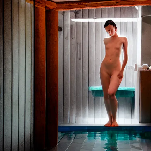 Prompt: stoya realistic expired kodak film full body portrait of an woman in sauna wearing a towel, hyperrealism, hypermaxiymalism, photorealistic, detailed, atmospheric, 8 k, award winning photography, cinematic