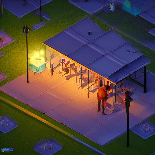 Image similar to isometric game art outdoor world, lights with bloom, trending on artstation, mohamed chahin style, vray render with ambient lights and volume 4 k