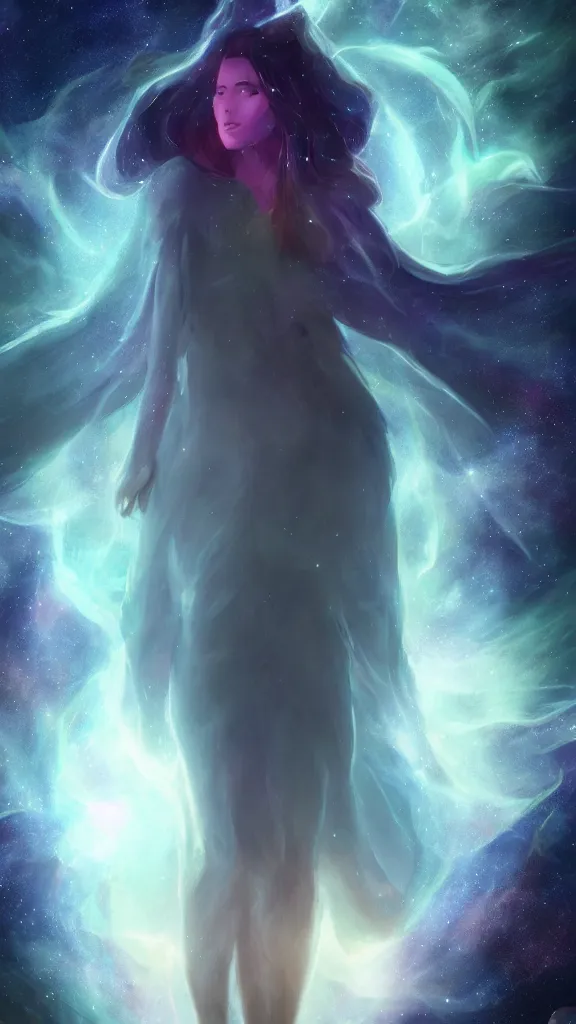 Image similar to god with a cape, full body, galaxy, and, stars, atmosphere, ethereal, insanely, detailed, volumetric, symmetrical, concept art, charlie bowater, kelly mckernan, unreal engine, 8 k