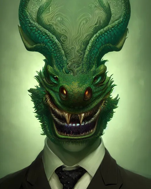 Image similar to anthropomorphic art of a businessman dragon, green dragon, portrait, victorian inspired clothing by artgerm, victo ngai, ryohei hase, artstation. fractal papers and books. highly detailed digital painting, smooth, global illumination, fantasy art by greg rutkowsky, karl spitzweg