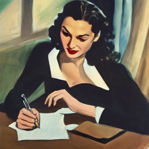 Image similar to 1950 painting of Gal Gadot writing a letter