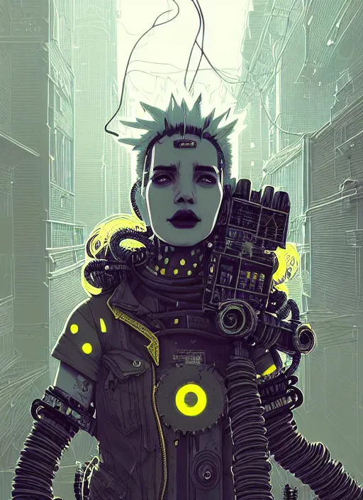 Image similar to highly detailed portrait of wasteland punk long curly bright yellow and white plasma electricity hair tribal lady, stray electric spark wiring by atey ghailan, james gilleard, by joe fenton, by greg rutkowski, by greg tocchini, by kaethe butcher, 4 k resolution, gradient yellow, black and white color scheme!!! ( ( lightning cloudy robotic dystopian city background ) )