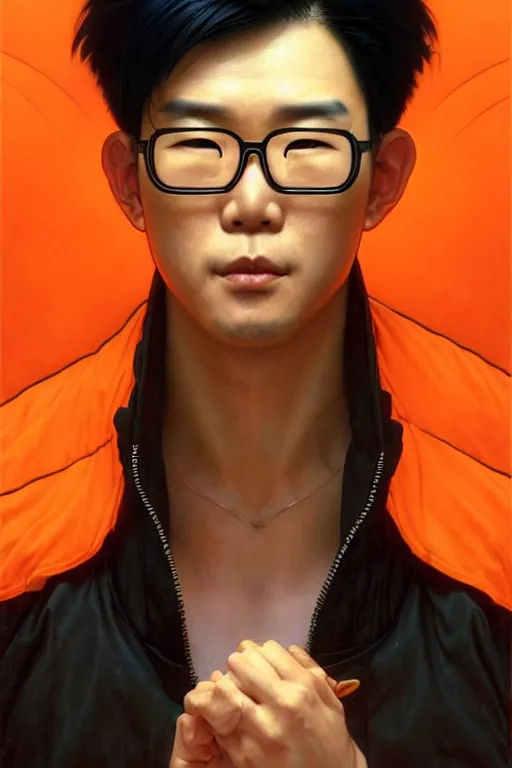 Prompt: an east asian man with short black hair, broad shoulders, thick round spectacles, wearing a bright orange bomber jacket, seductive cyberpunk dark fantasy, art by artgerm and karol bak and moebius and alphonse mucha and greg rutkowski, hyperdetailed, ultrarealistic, octane render