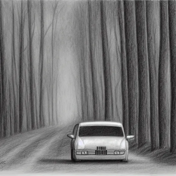 Image similar to a pencil drawing of a car driving through a forest on a gravel road, soft lighting, atmospheric, sunlight. by pen tacular