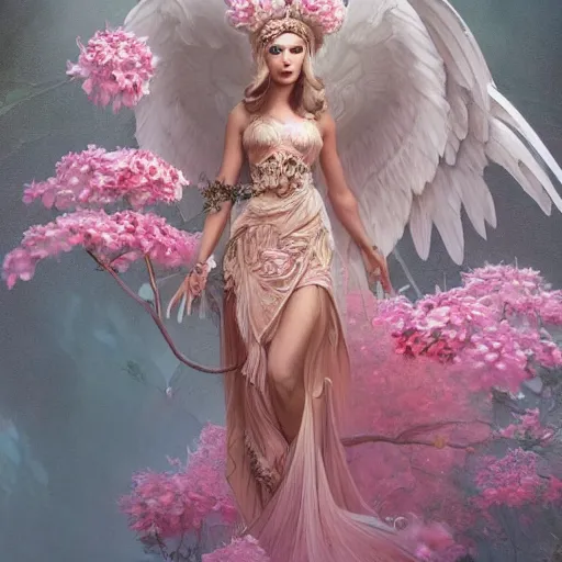 Image similar to expressive full body photo of sophia lauren as beautiful angel, smooth glowing skin, ornate headpiece made from pink flowers, glamour shot, by karol bak, by greg rutkowski, by artgerm, octane render, unreal engine, photorealistic, canon r 3, fashion photography