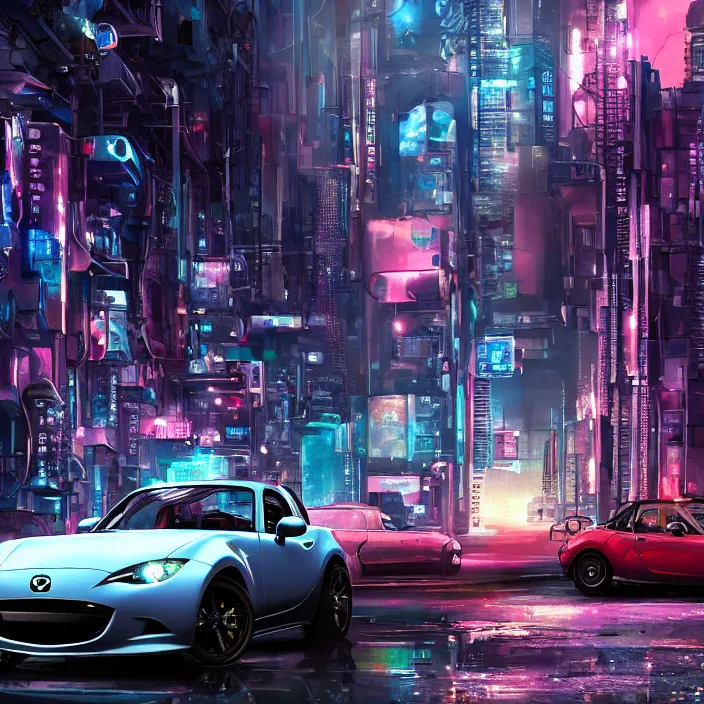 Image similar to a mazda miata in cyberpunk city, cyberpunk futuristic digital art concept