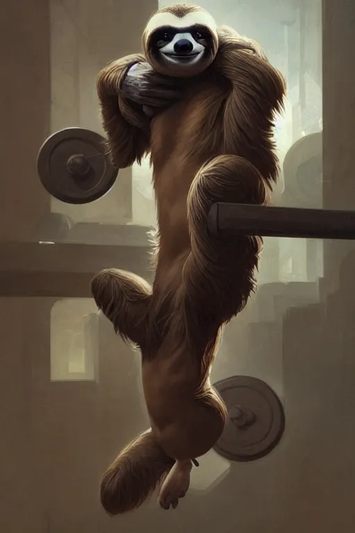 Image similar to anthro sloth lifting weights, dim dingy gym, dynamic pose, fantasy, intricate, elegant, highly detailed, digital painting, artstation, concept art, matte, sharp focus, illustration, art by artgerm and greg rutkowski and alphonse mucha