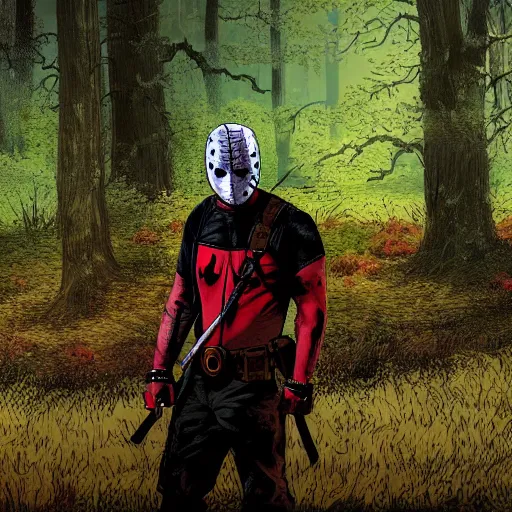 Prompt: jason voorhees and deadpool in the woods 4 k detailed super realistic