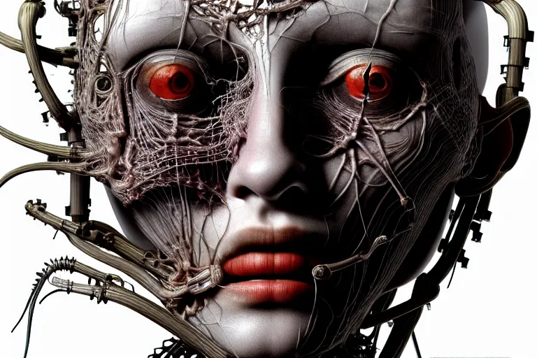 Image similar to portrait of neural nightmares by yoshitaka amano and HR Giger, detailed face face face face, facial structure, hd, 8k, very very very very electronic, biomechanical, biology, bio, neural machine H 768