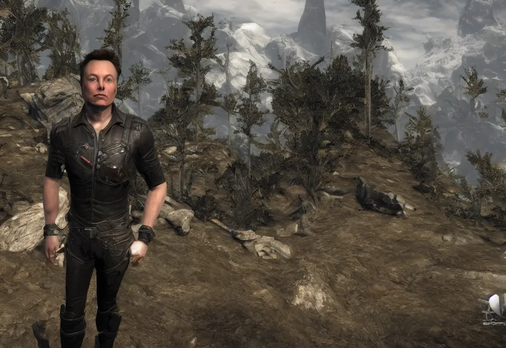 Prompt: a screenshot of elon musk in the video game skyrim. 3 d rendering. unreal engine. amazing likeness. very detailed.