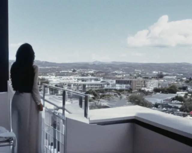 Image similar to a still of a young woman looking out from a huge concrete white balcony of a minimalist house, outside view, low angle, clear sky and background, in the music video Wrapped Around your Finger (1983)