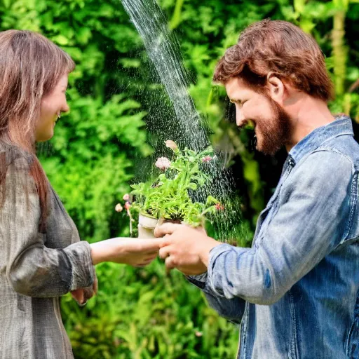 Prompt: a couple watering each other's heads which are made of plants and the sun is shining