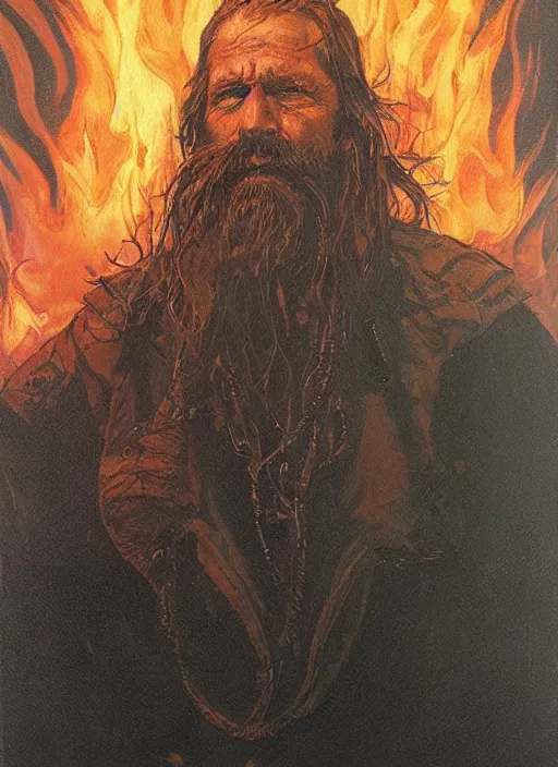 Image similar to portrait of grizzled sailor on sea of black flame, coherent! by brom, deep color, strong line, high contrast