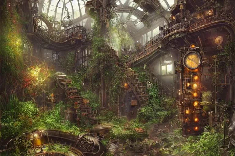 Image similar to very tidy steampunk home office overseeing a magical portal, lush plants, machines, synthesizer, beautifully lit, very detailed painting, hyperrealism, trending on artstation