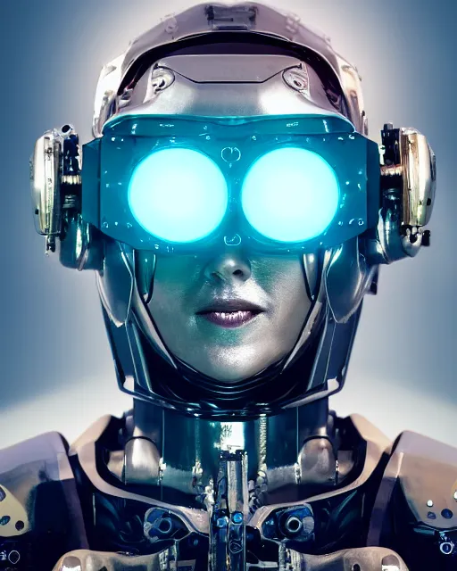 Prompt: centered portrait of soulful young tea leoni as a solarpunk mecha humanoid robotic parts wearing crystal goggles with bright led lights, real human face, pudica gesture bouguereau style, in white room, ultra - realistic and intricate, soft portrait shot 8 k