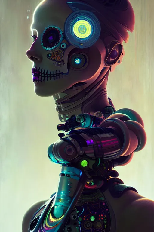 Prompt: ultra detailed, portrait of a female android, sci - fi, triadic color scheme, moody, calm, ( dia de los muertos ), asymmetrical, intricate concept art, art by godmachine and michael welan and dzo and greg rutkowski and alphonse mucha and loish and wlop