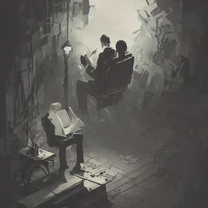 Image similar to a duotone comic noir illustration painting of hp lovecraft reading necronomicon by sachin teng and sergey kolesov and ruan jia and heng z. graffiti art, sci fi, fantasy art, hyper detailed. octane render. trending on artstation