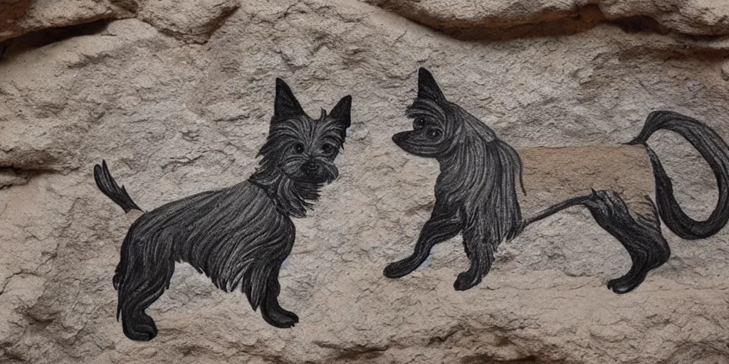 Image similar to A Yorkshire Terrier roughly sketched on the wall of a cave, a petrogliph, stone art by Pueblan peoples, stone art